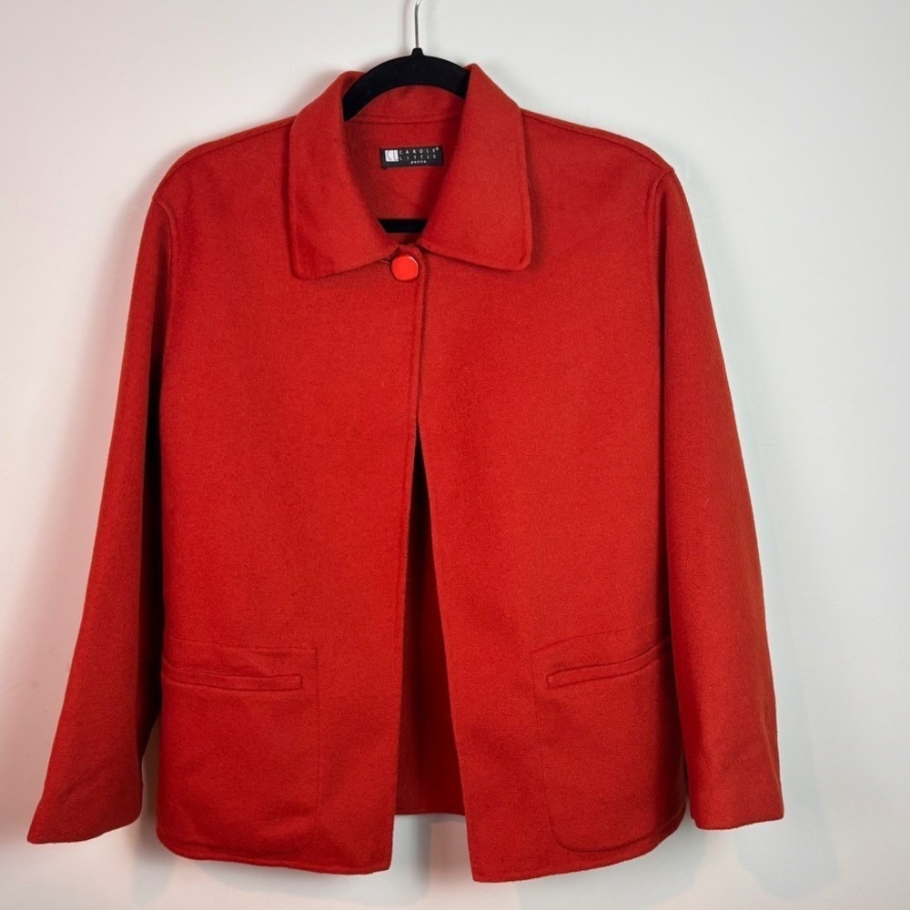 VTG Carole Little Womens 100% Red Wool Button Front Jacket sz Petite Lg Retro